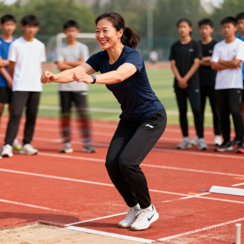 教练李娜，38岁，前国家一级运动员，专攻短跑和跳远项目，在训练场上正向学员示范立定跳远的摆臂动作，笑容亲切