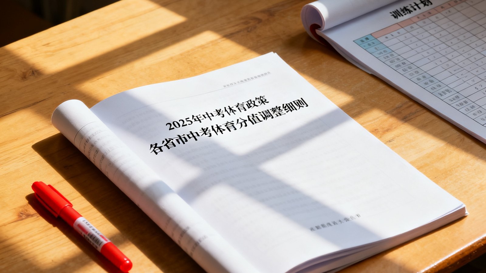 一本翻开的2025年中考体育政策文件放在木质书桌上，旁边摆放着红色记号笔和训练计划表，文件上清晰印有各省市中考体育分值调整细则，阳光从窗户斜照在纸面上