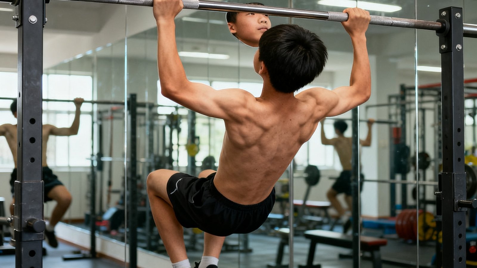 一名体型偏瘦的初中男生在单杠上完成引体向上动作，下巴超过杠面，双臂肌肉线条明显，背后是室内体能训练馆的镜面墙
